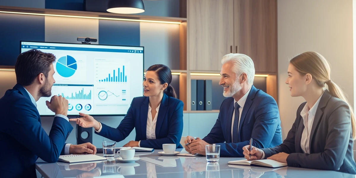 Beratungssituation am Konferenztisch mit Präsentation von Ergebnissen